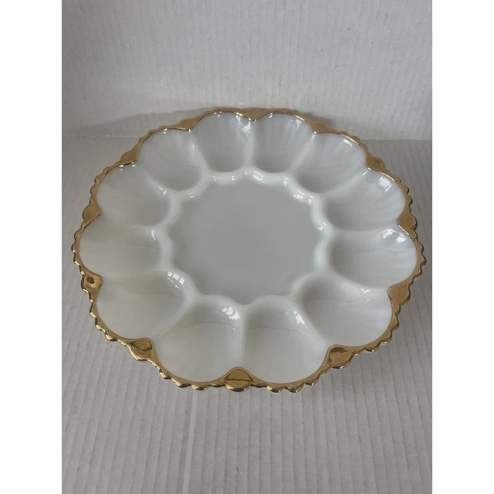 Vintage Anchor Hocking Fire-King Milk Glass Deviled Egg Plate Gold Trim 10